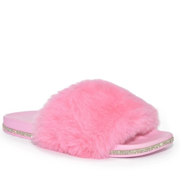 Wild Diva Shoes - SALE! Rhinestone Embellished Faux Fur Fluffy Open Toe Flat Slide Sandals